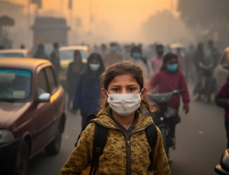 young girl with mask on in disastrous environment - ai