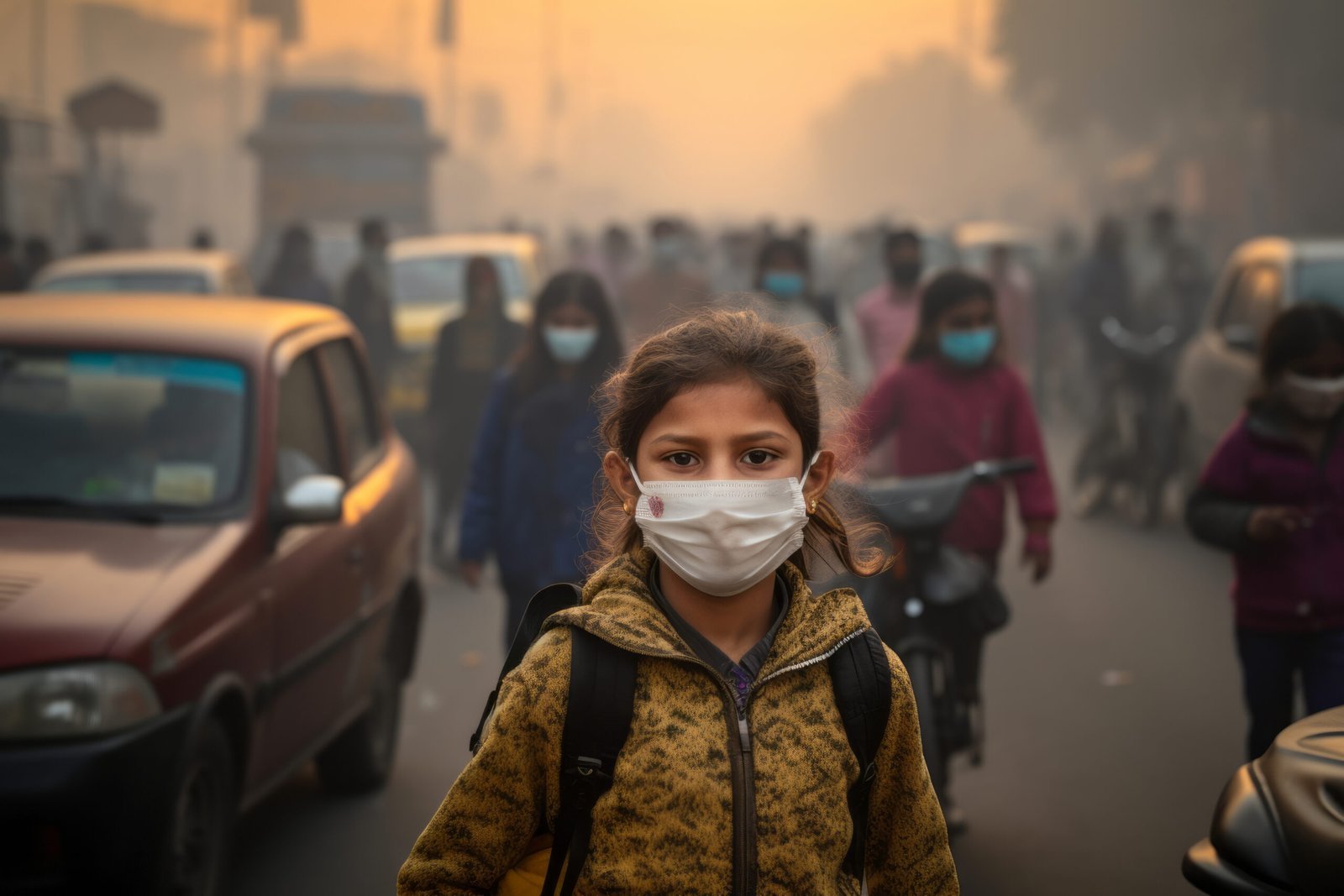 young girl with mask on in disastrous environment - ai