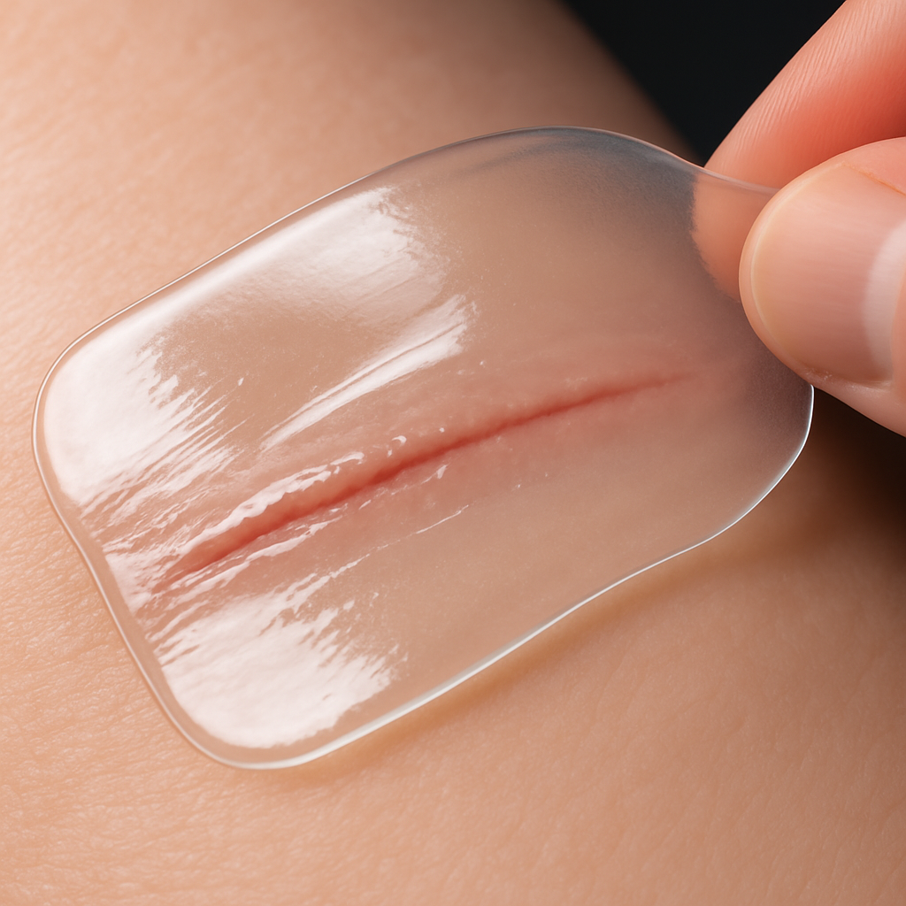A close-up of a transparent hydrogel patch seamlessly closing a cut on skin.
